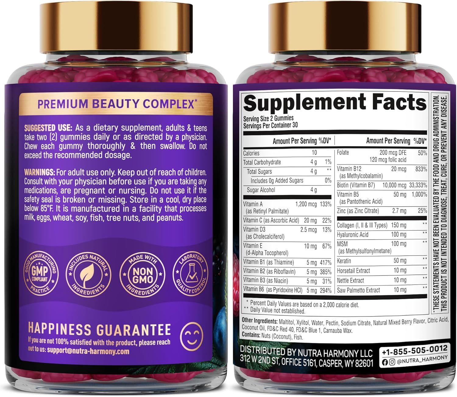 Biotin Gummies with Collagen - Hair Growth Support Skin, & Nail Strength - for Women & Men - Biotin 10000mcg | Keratin | Hyaluronic Acid | B-Complex | Saw Palmetto - Sugar-Free, Mixed Berry, Pack of 2