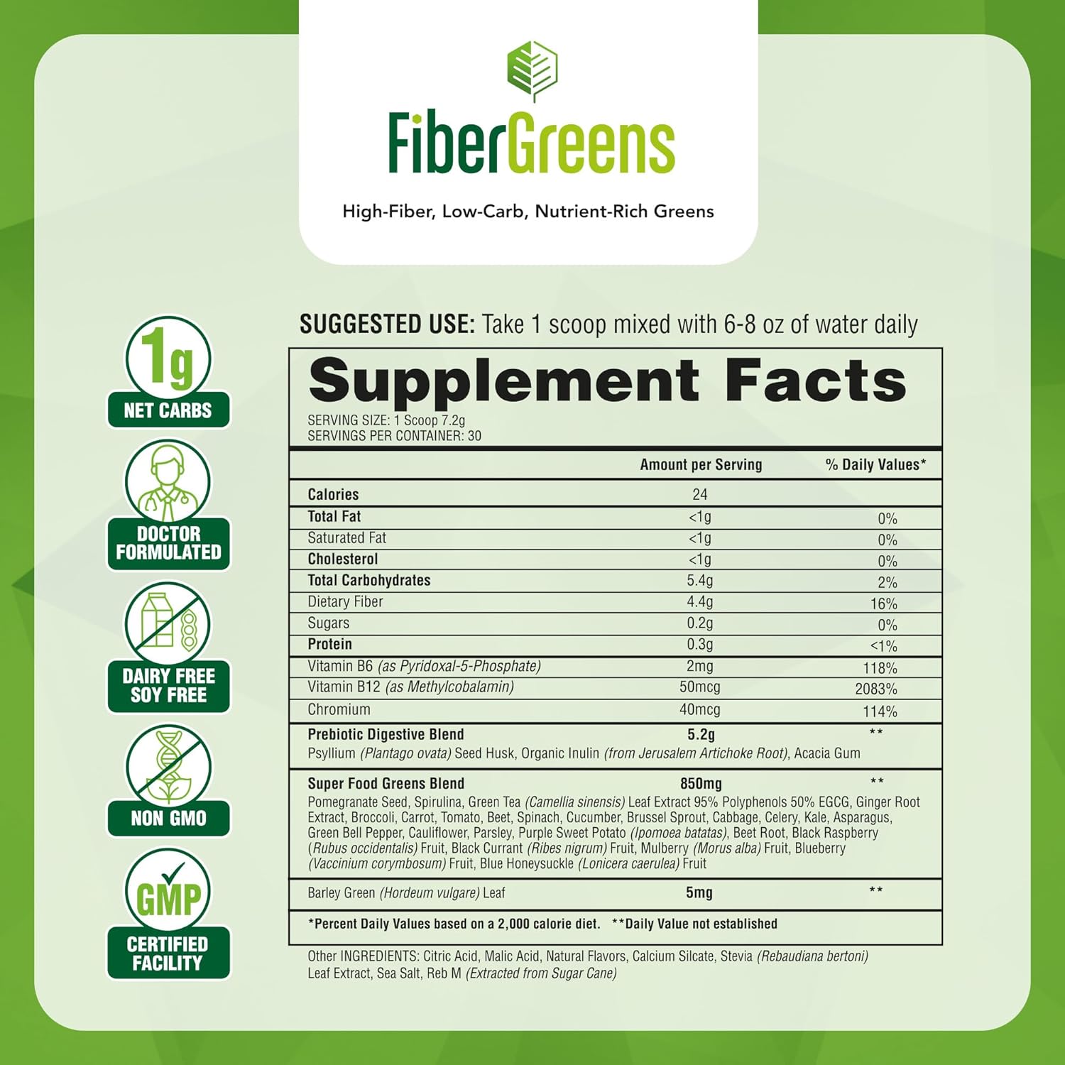 Green Apple Fiber Greens - Low-Carb Probiotics for Gut Health - Blood Function Support - Naturally Flavored Probiotic Formula with 30 Superfoods - Protects Heart Health, 30 Servings