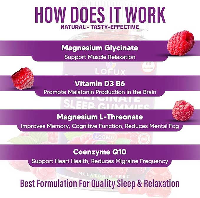 Lofux Magnesium Glycinate Gummies 400mg, Sugar Free Magnesium Gummies for Adults Women, Men, Chewable Supplement Gummy with L-Threonate, Vitamin D, B6, CoQ10 - for Calm, Sleep, Body Relaxation, 60 Ct