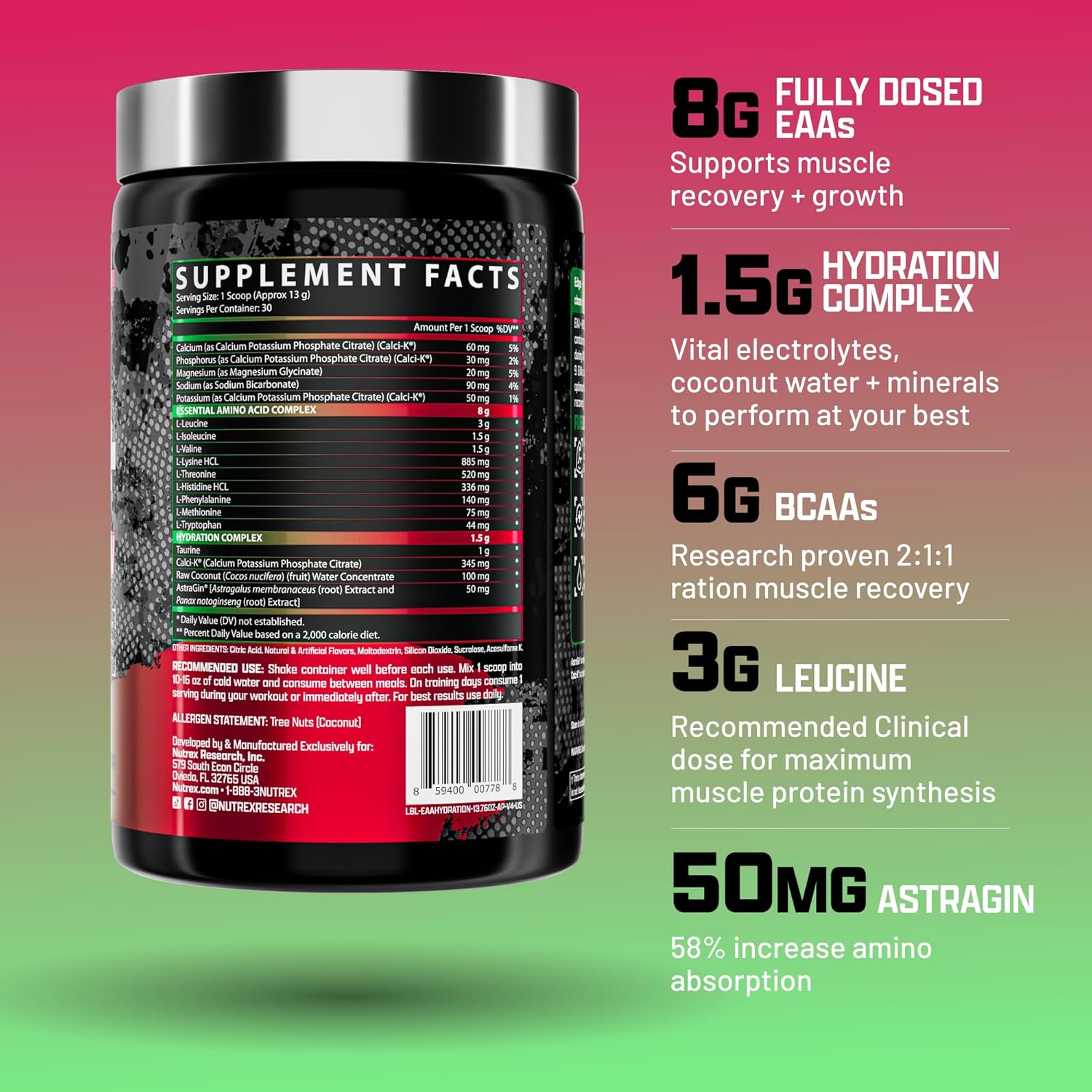 Nutrex Research EAA Hydration | EAAs + BCAAs Powder | Muscle Recovery, Strength, Muscle Building, Endurance | 8G Essential Amino Acids + Electrolytes | Apple Pear 30 Servings