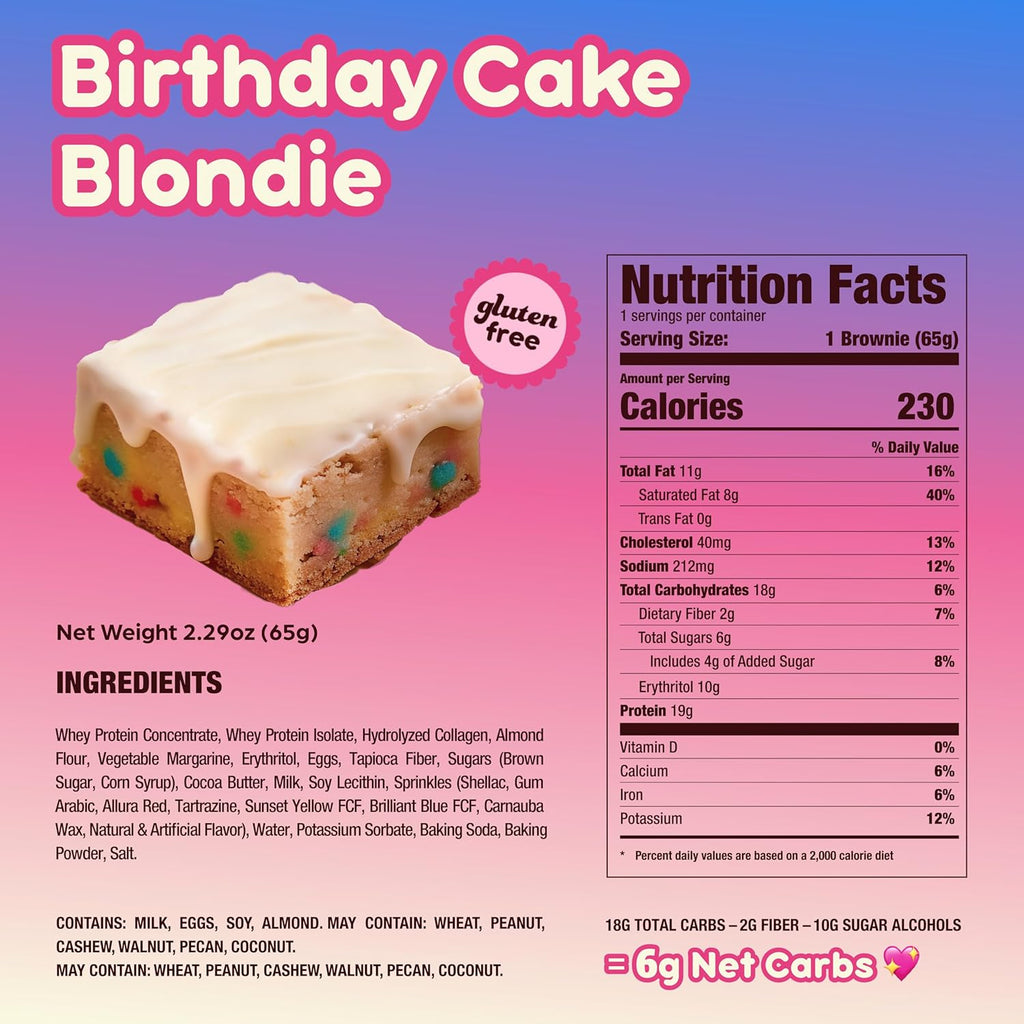 Prime Bites Protein Brownie from Alpha Prime Supplements | High Protein, Collagen Fortified Low Sugar Treat | Delicious Snack | 12 Bars per Box (Birthday Cake Blondie)