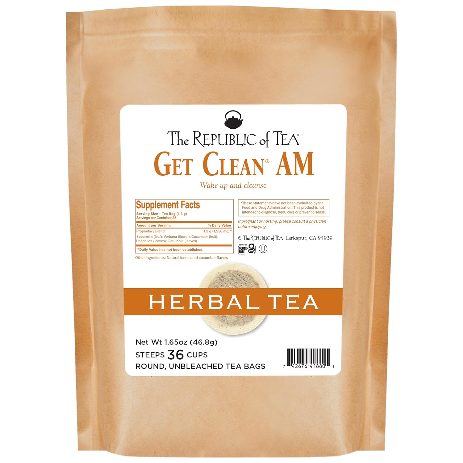 The Republic of Tea Be Well Teas, Get Clean AM Herbal Tea, Refill Pack of 36 Tea Bags