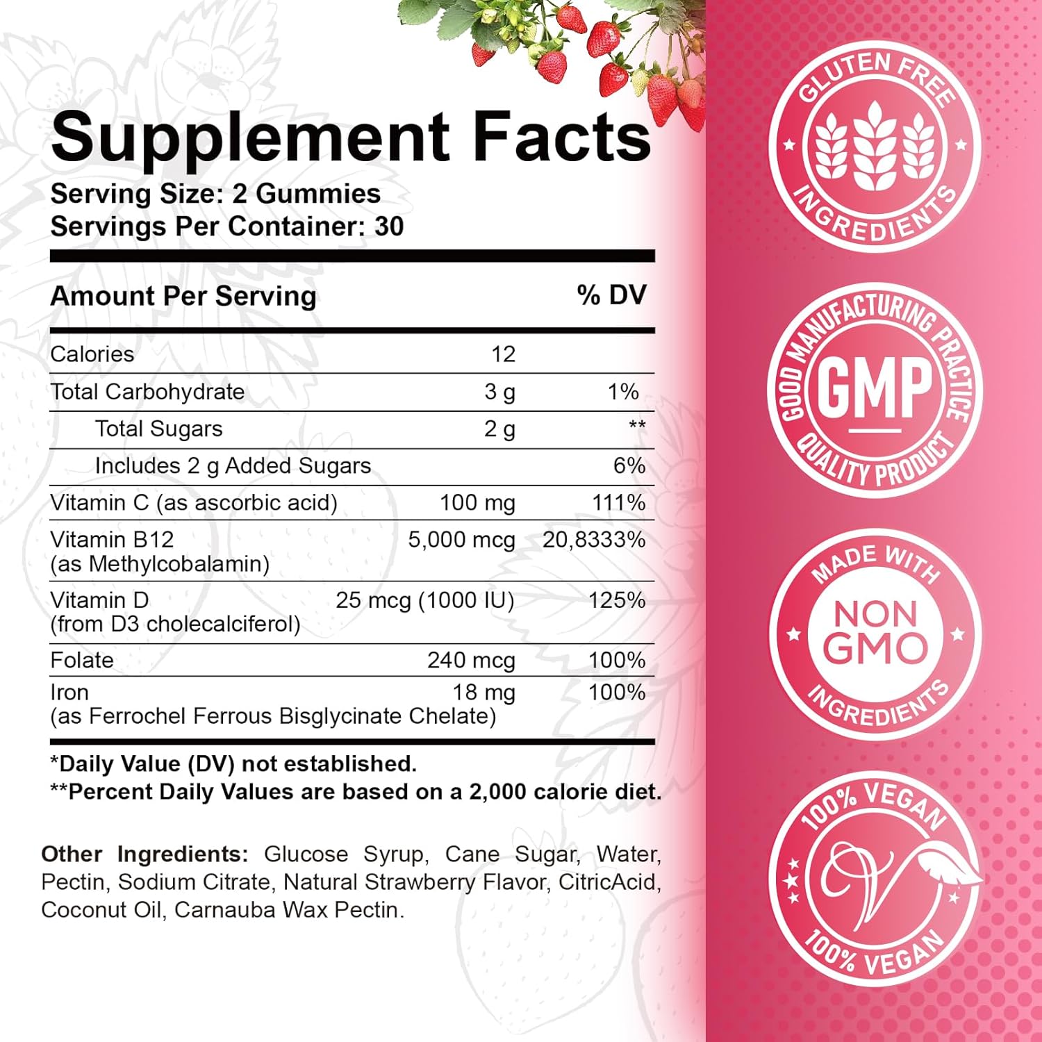 Vitamin B12 Complex Gummies - 5000 mcg Methylcobalamin with Iron, Vitamin C, D3 & Folate, Energy Support & Metabolism, Immune, B-12 Chewable Supplement for Men & Women, Strawberry Flavor, 2 Pack