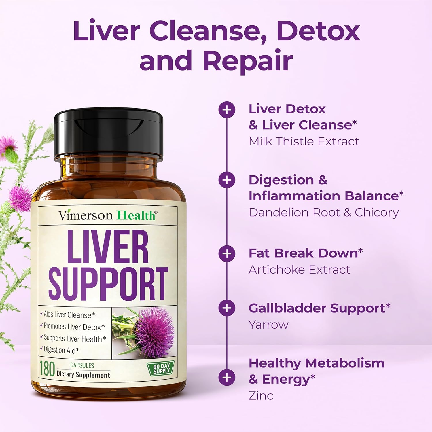 Liver Cleanse Detox & Repair Milk Thistle Supplement - 180 Capsules Herbal Liver Support - Choline, Artichoke Extract & Chicory - Dandelion Root Supplement to Promote Cellular Repair & Digestion