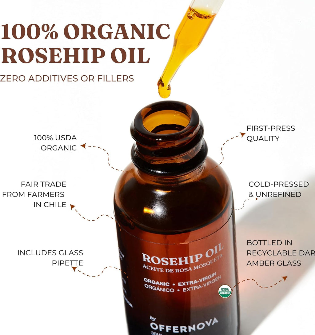Organic Rosa de Mosqueta Oil- USDA Certified Rosehip Seed Oil Pure Cold Pressed, Repairs & Brightens Skin - Gua Sha Massage, Face, for All Skin Types - Aceite Facial 1OZ