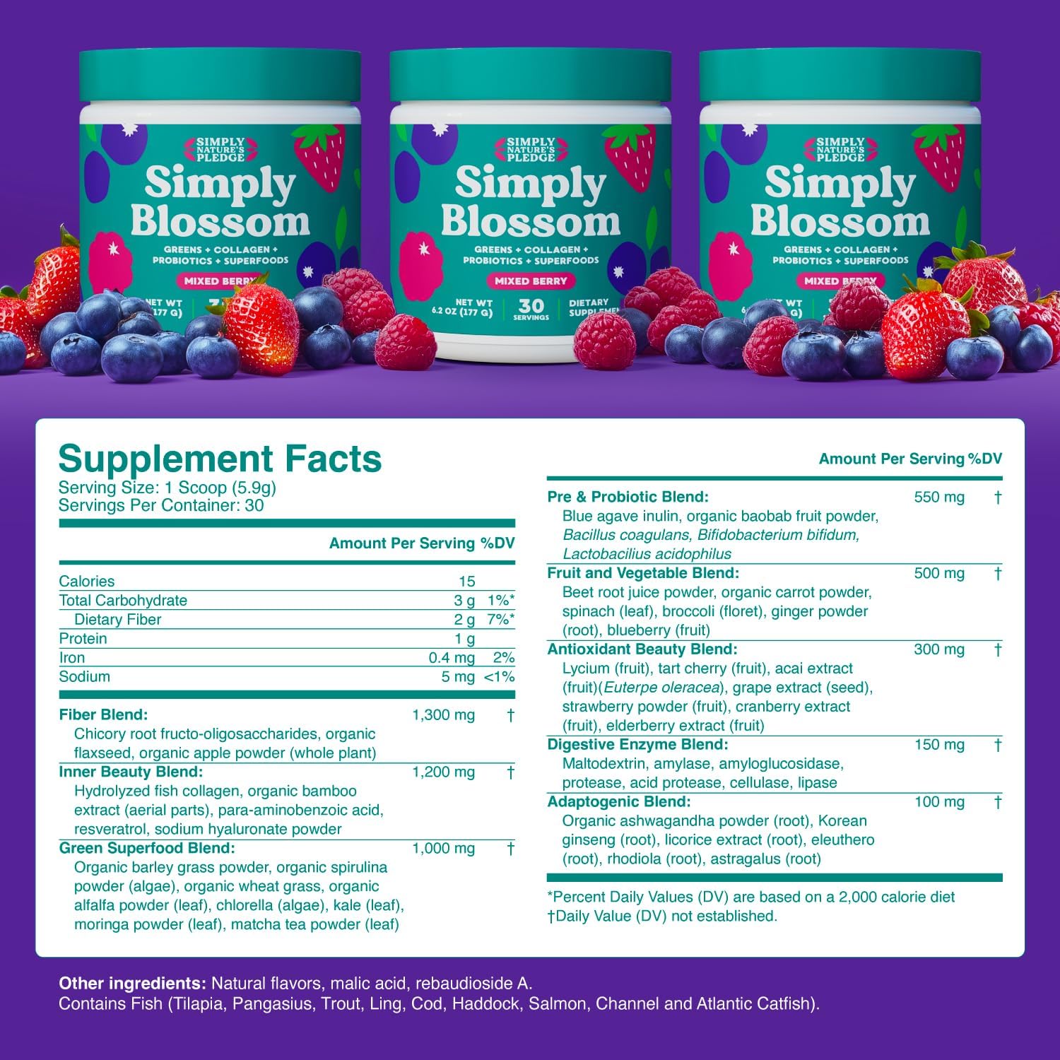Simply Blossom Nutrition - Daily Greens & Superfood Powder + Collagen + Probiotics for Women's Digestive Health & Bloating Relief. Help Your Health Bloom - 3 Month Supply