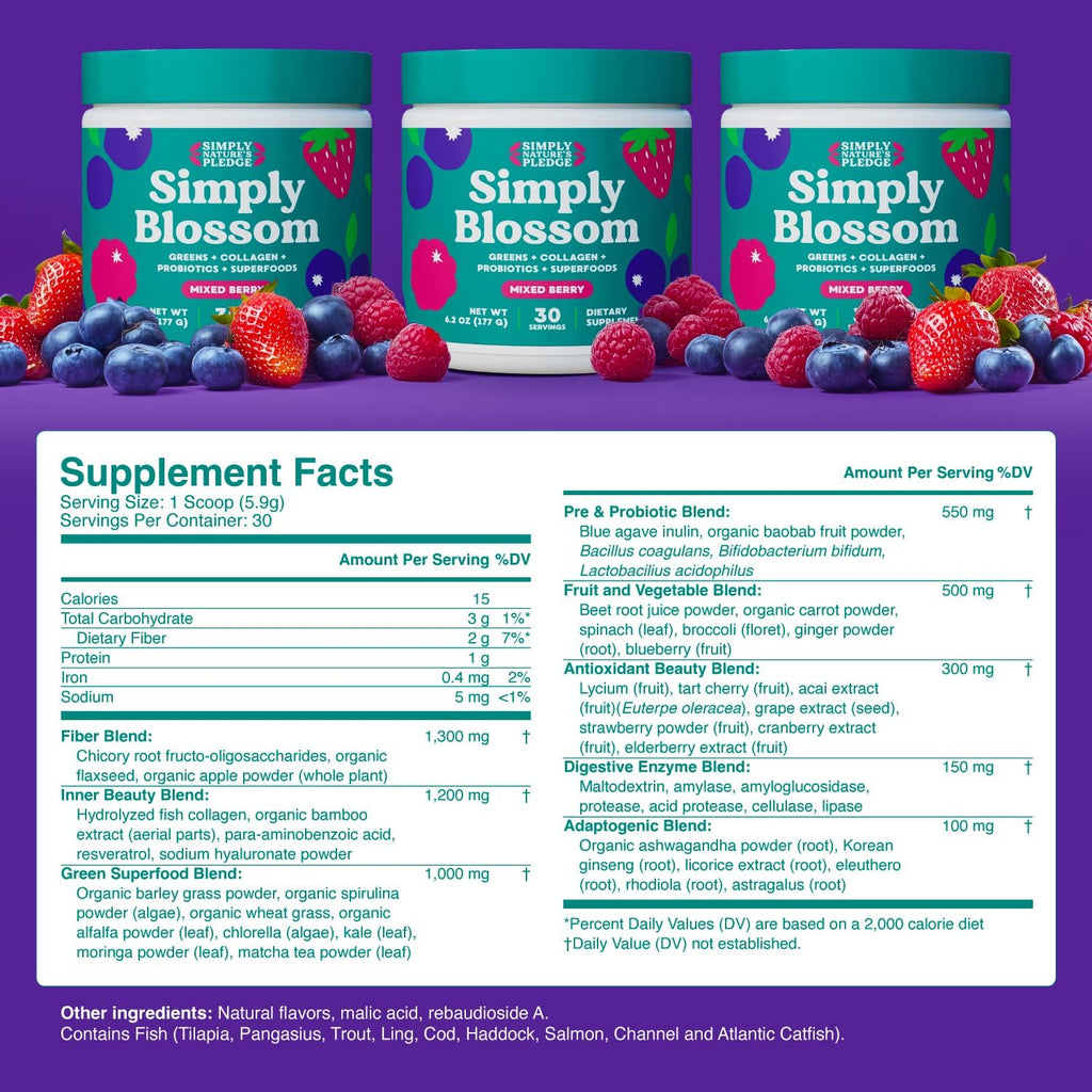 Simply Blossom Nutrition - Daily Greens & Superfood Powder + Collagen + Probiotics for Women's Digestive Health & Bloating Relief. Help Your Health Bloom - 2 Month Supply