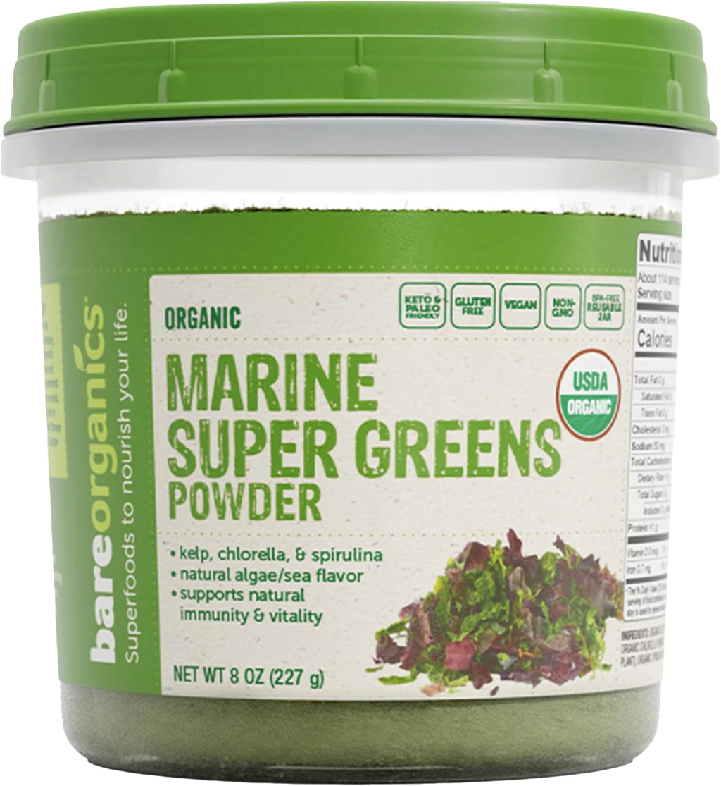 BareOrganics Marine Super Greens Powder | USDA Organic, Gluten-Free, Vegan, Non-GMO, BPA-Free | Kelp, Chlorella, Spirulina, 8oz