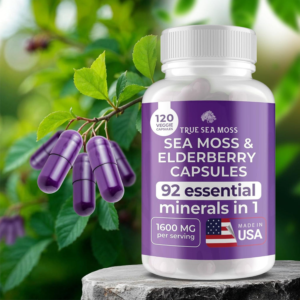 Irish Sea Moss Capsules - 120 Elderberry Capsules (1600mg) - Prebiotic Superfood - Boosts The Immune & Digestive System - Healthy Skin, Keto Detox, Gut, Joint Support