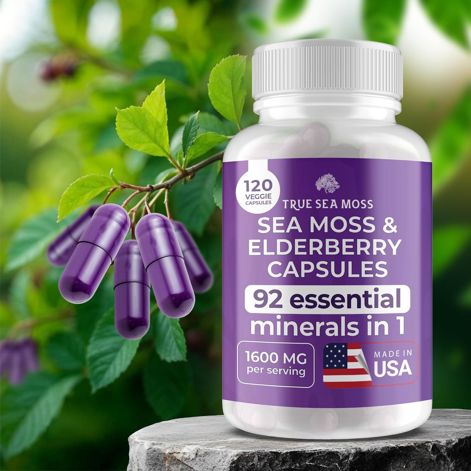 Irish Sea Moss Capsules - 120 Elderberry Capsules (1600mg) - Prebiotic Superfood - Boosts The Immune & Digestive System - Healthy Skin, Keto Detox, Gut, Joint Support