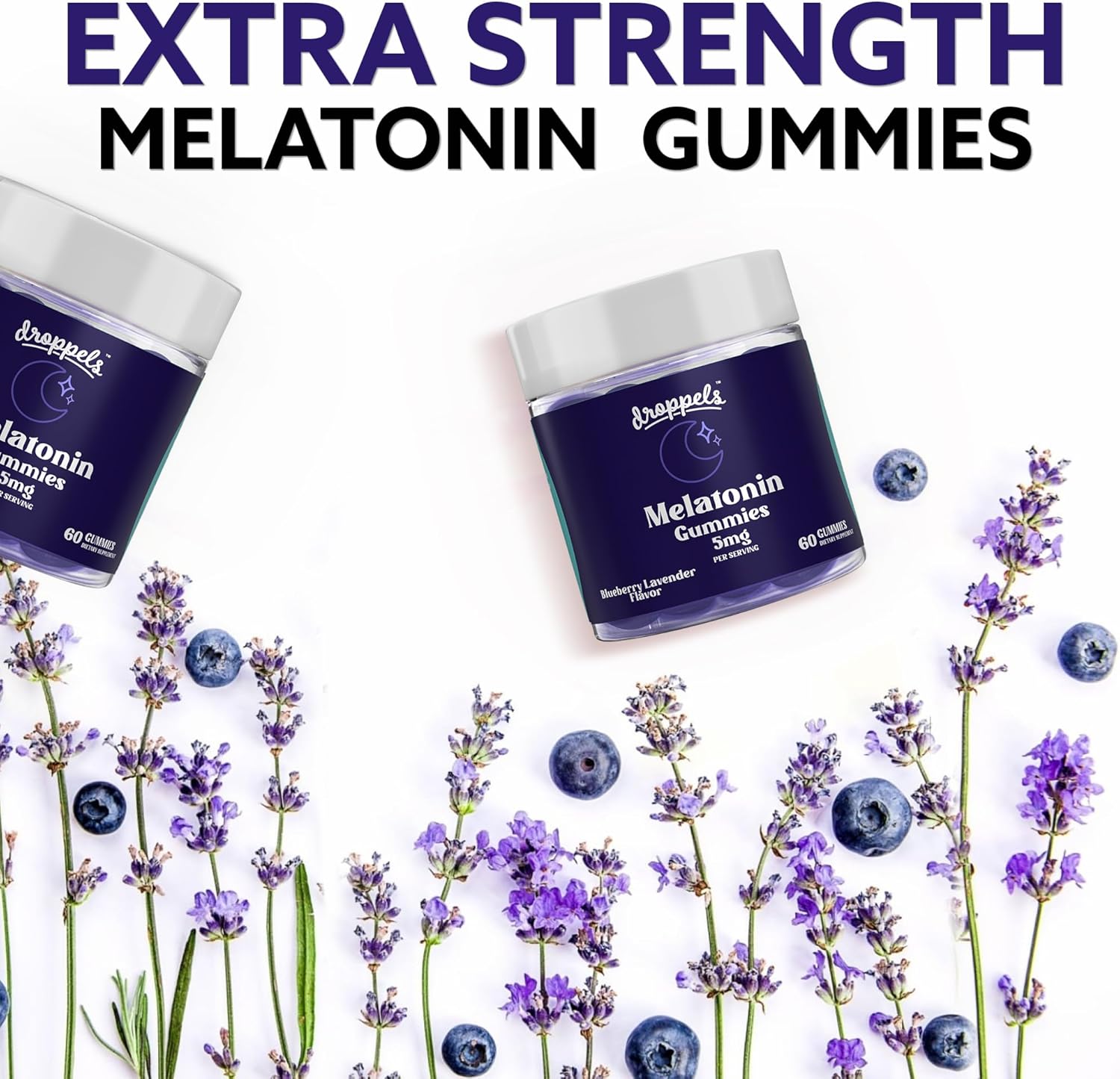 Droppels Melatonin Gummies, 5mg – Plant-Based, Vegan Melatonin 5mg for Natural Sleep Support with Chamomile Extract, 60 Count, Blueberry Flavor (1-Month Supply)