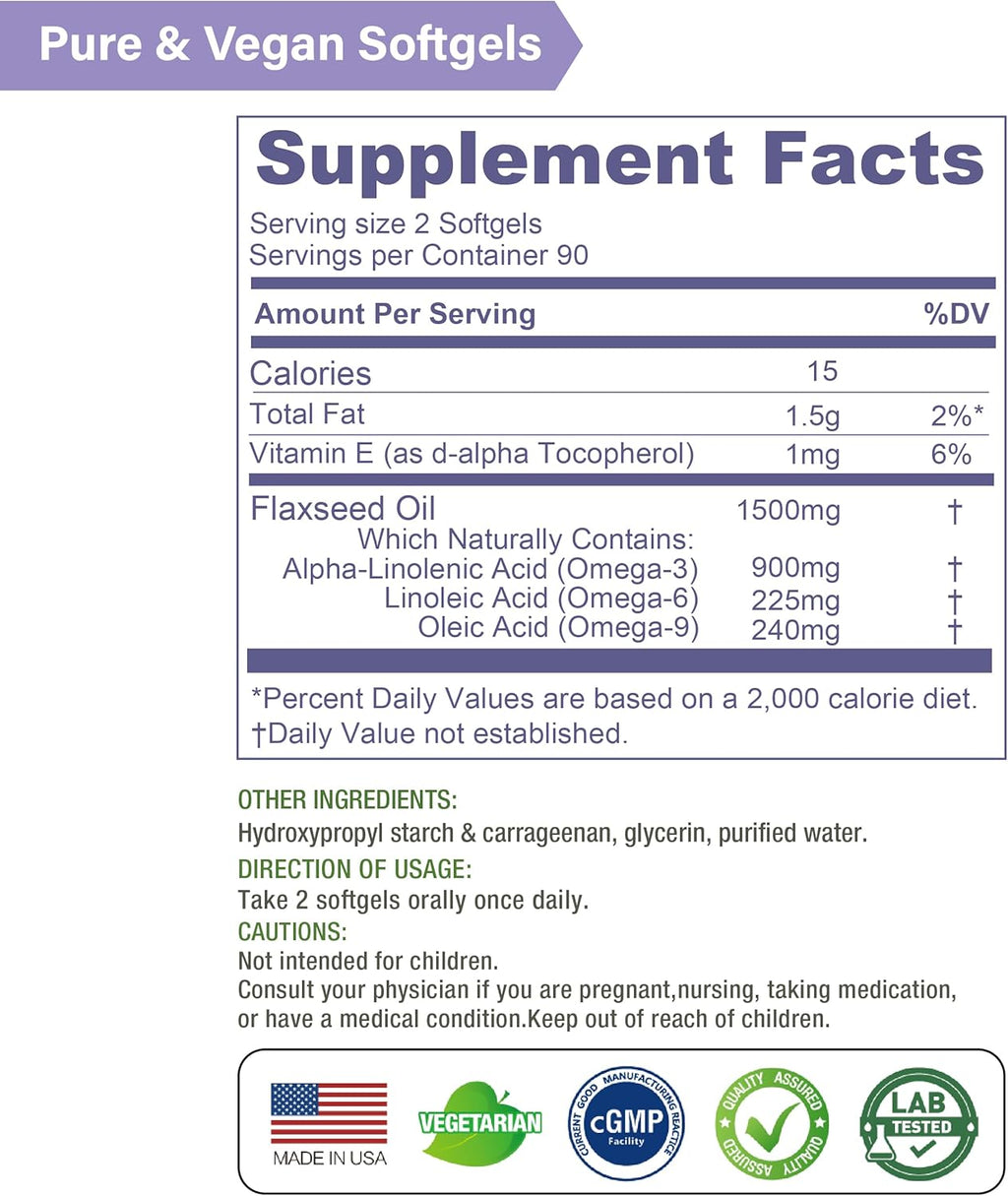 Lovita Vegan Omega-3 Cold-Pressed Flaxseed Oil: 1500mg, 900mg ALA, 180 Softgels (Pack of 3)