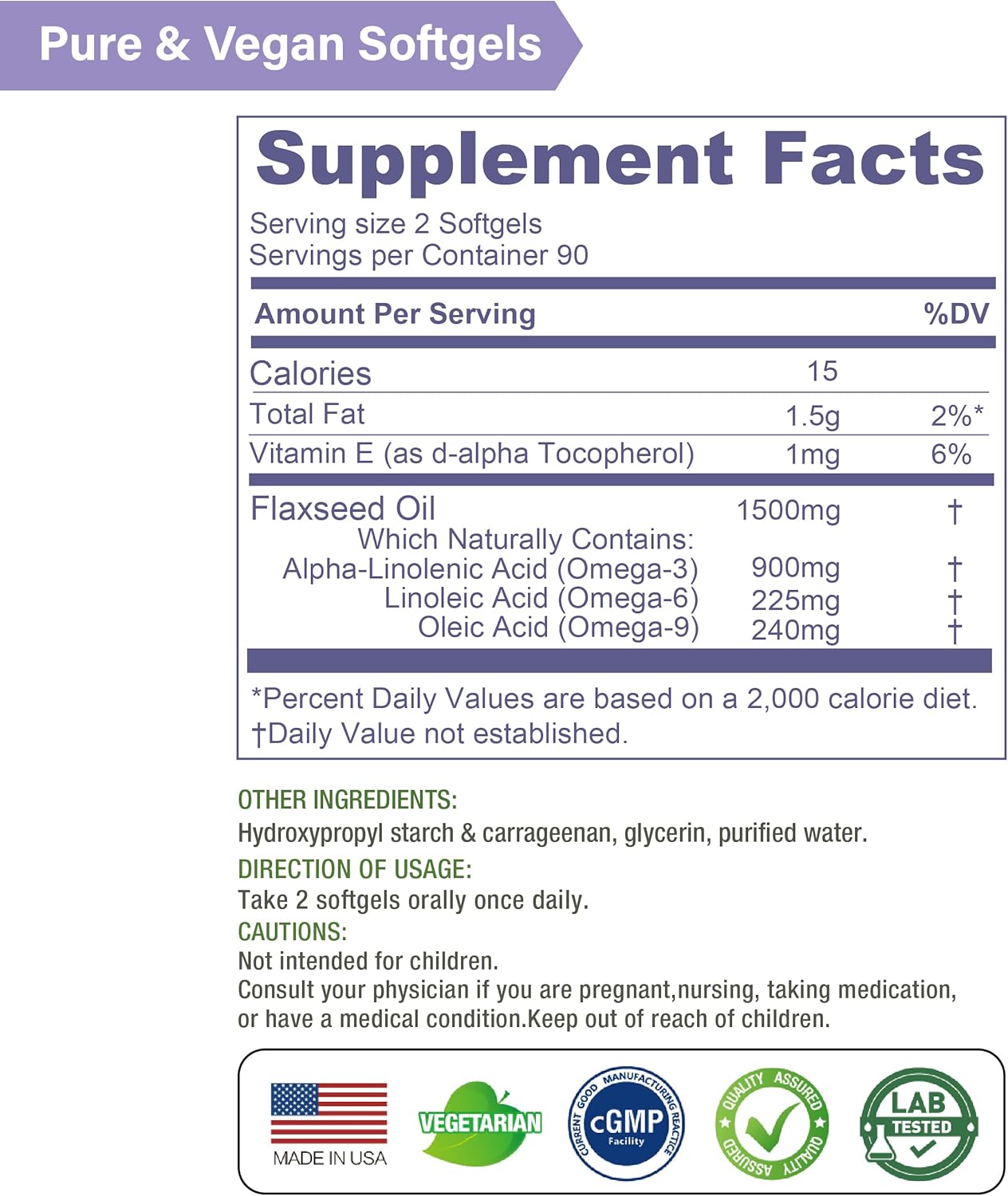 Lovita Vegan Omega-3 Cold-Pressed Flaxseed Oil: 1500mg, 900mg ALA, 180 Softgels (Pack of 3)
