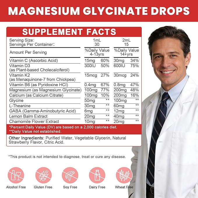 Magnesium Glycinate Drops for Kids - Relaxation & Cognition Support - 200mg Liquid Magnesium Glycinate Supplement with L-Theanine, GABA, B6, D3, K2 - Sugar Free, Strawberry Flavor - 1 Fl Oz (2 Pack)