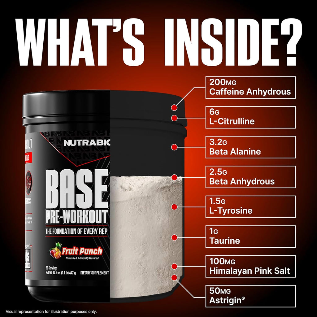 NutraBio Base Pre-Workout Powder 200mg Caffiene, Sustained Energy, Focus, Endurance, Pump, Sugar Free, Clean Preworkout for Men and Women - Beta Alanine, L-Tyrosine, 30 Servings - Fruit Punch