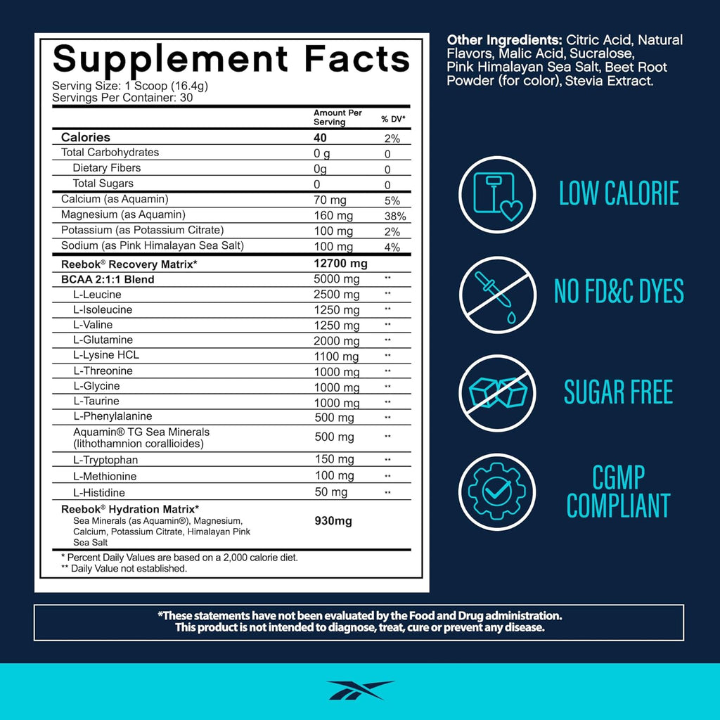 Reebok REECover Amino Acids + Electrolytes | 8g EAAs, 5g BCAAs, Hydration Matrix | Muscle Recovery, Strength | Post-Workout Support | 30 Servings | Strawberry Lemonade