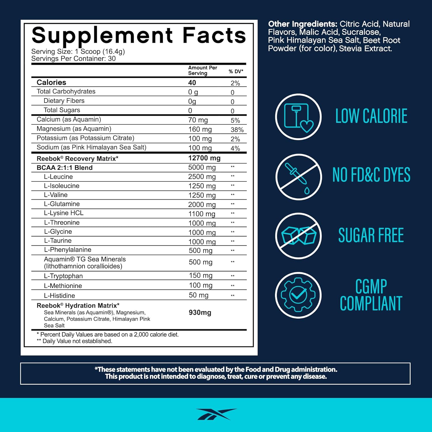 Reebok REECover Amino Acids + Electrolytes | 8g EAAs, 5g BCAAs, Hydration Matrix | Muscle Recovery, Strength | Post-Workout Support | 30 Servings | Strawberry Lemonade