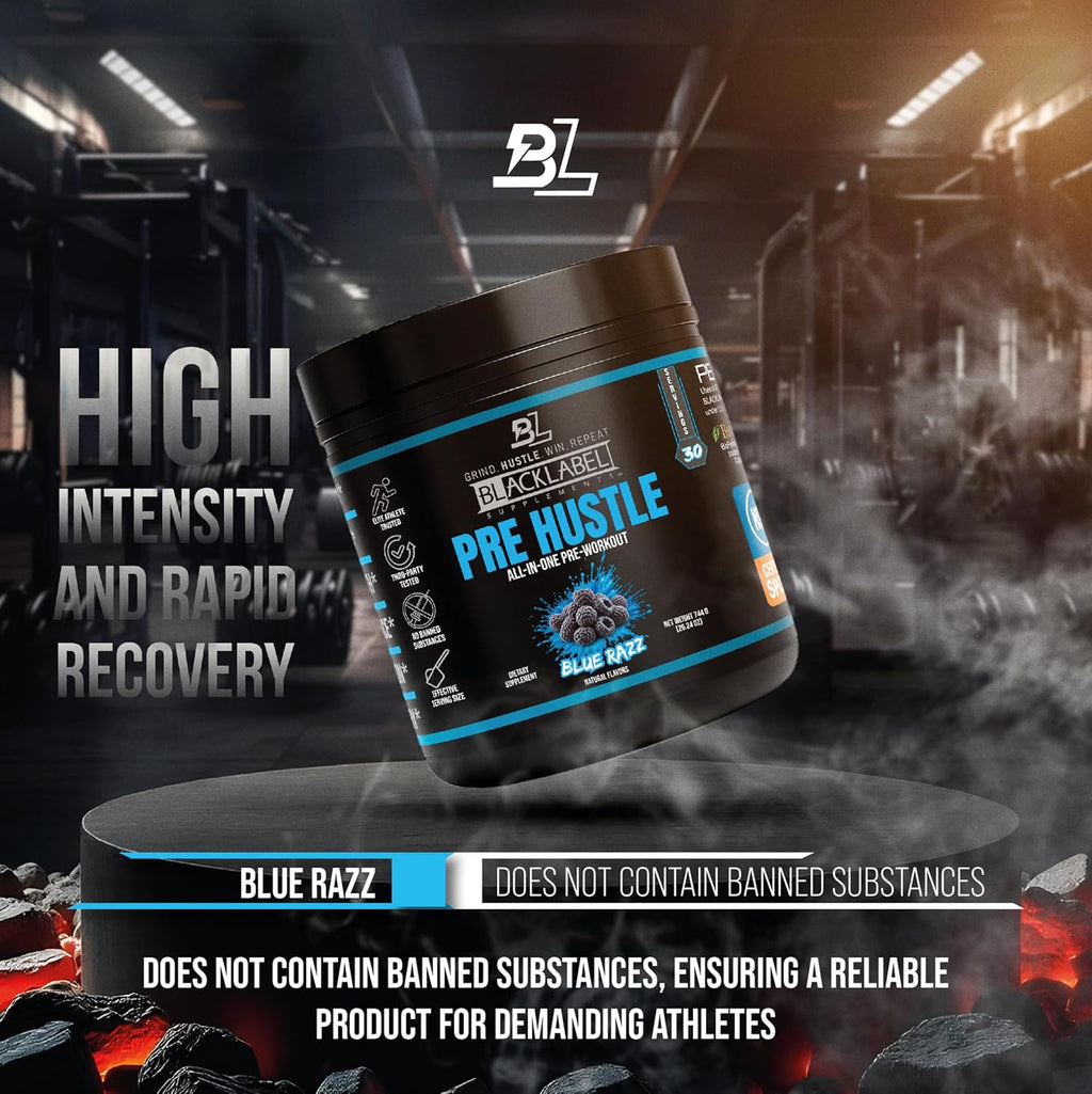 BLACKLABEL Supplements PRE Hustle V3 Pre-Workout Powder – NSF Certified for Sport – Energy, Strength & Endurance Support – Blue Razz – with Creatine & Caffeine – 30 Servings