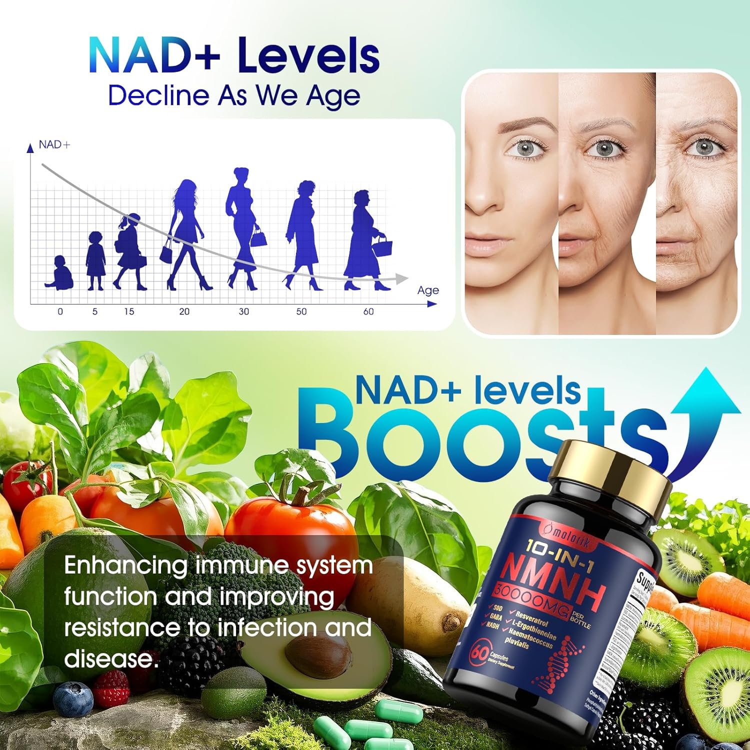 NMNH (Dihydronicotinamide Mononucleotide), 1000mg Per Serving, NAD High Purity Supplement, 60 Capsules, Gluten Free, GMP Certified for Anti-Aging, Energy, Focus - 30 Servings