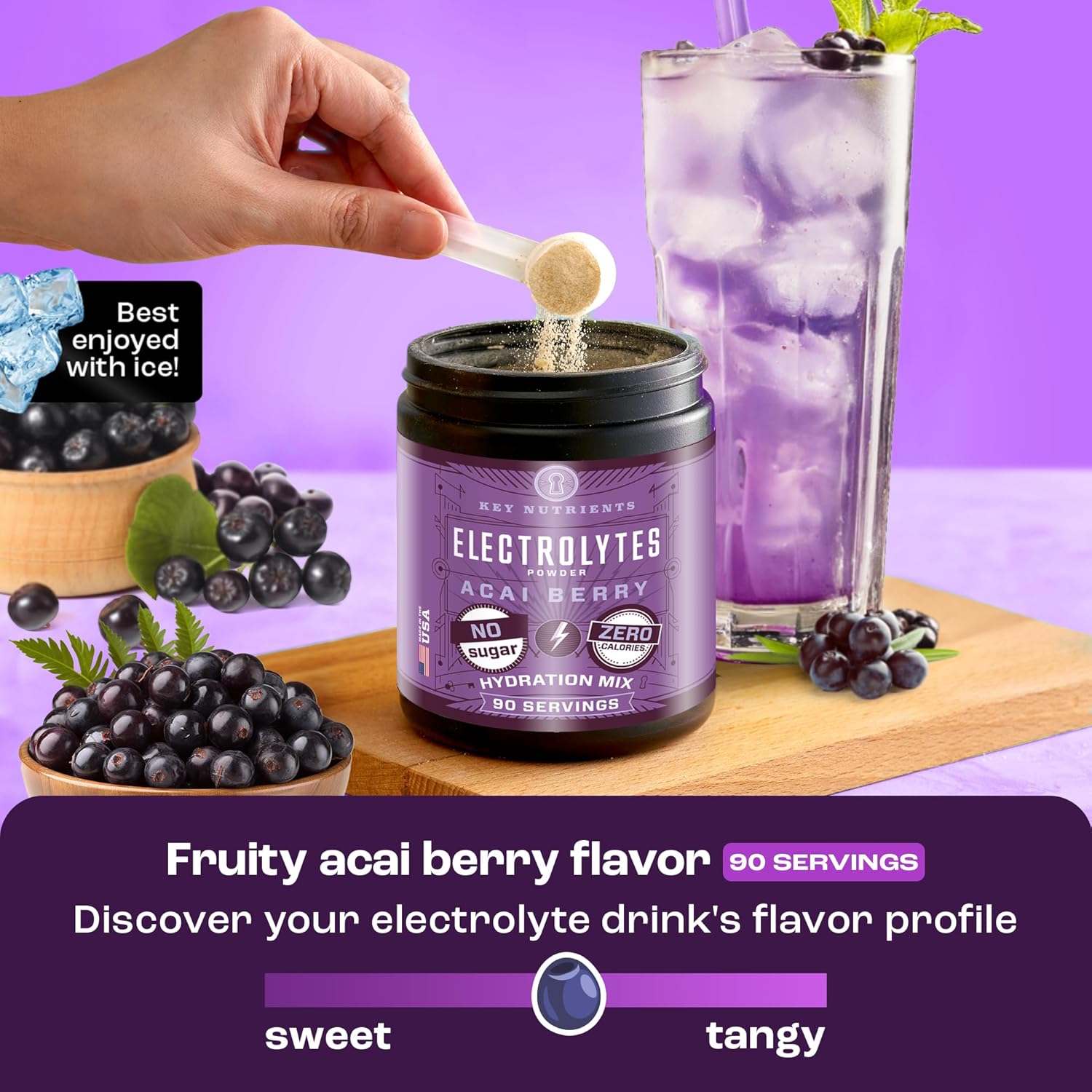 KEY NUTRIENTS Multivitamin Electrolytes Powder No Sugar - Fruity Acai Berry Electrolyte Powder - Endurance & Energy Supplement - Hydration Powder - No Calories - 90 Servings - Made in USA