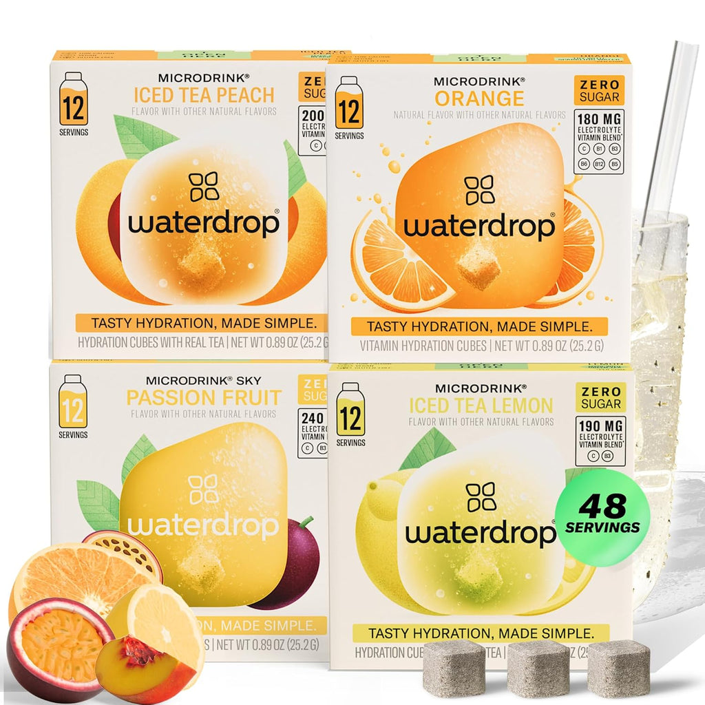 Waterdrop Hydration Cubes With Vitamin C, B Vitamins and Electrolytes, 4 Flavor Electrolyte Variety Pack, Flavored Water Enhancer Cubes for Still & Sparkling Water, Low Calorie, Sugar Free, 48 Count
