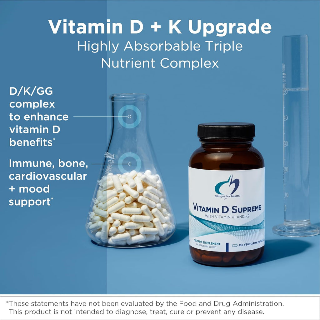 Designs for Health Vitamin D Supreme - Vitamin D 5000 IU with 2000mcg Vitamin K as MK4 for Bone Health, Heart Health & Immune Support - Vitamin D3 Enhanced with GG Supplement (30 Capsules)