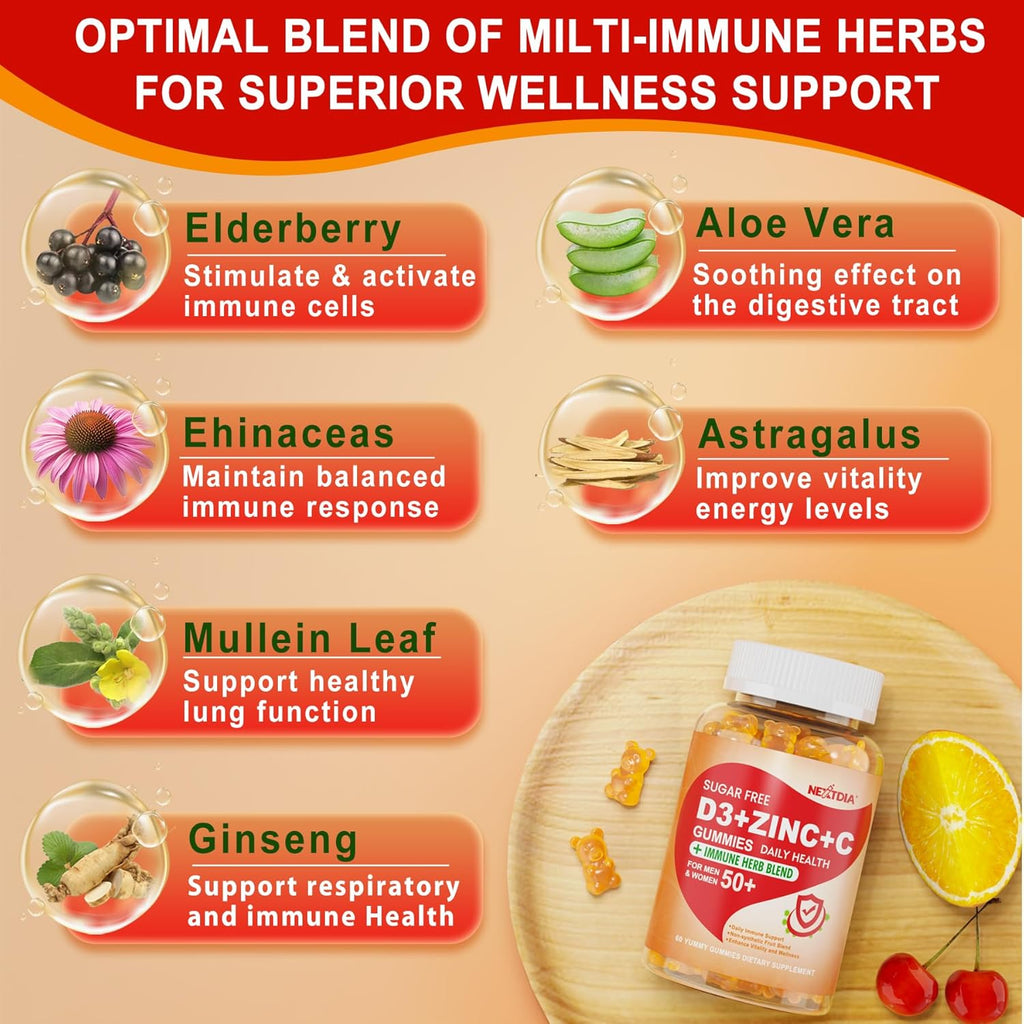 Sugar Free Vitamin C + D3 + Zinc Gummies for Adults 50 +, 9 in 1 Immune Defense Supplement with D3 5000IU, Elderberry, Echinacea, Mullein Leaf for Boost Immunity, Power Antioxidant, Vegan (Pack of 1)