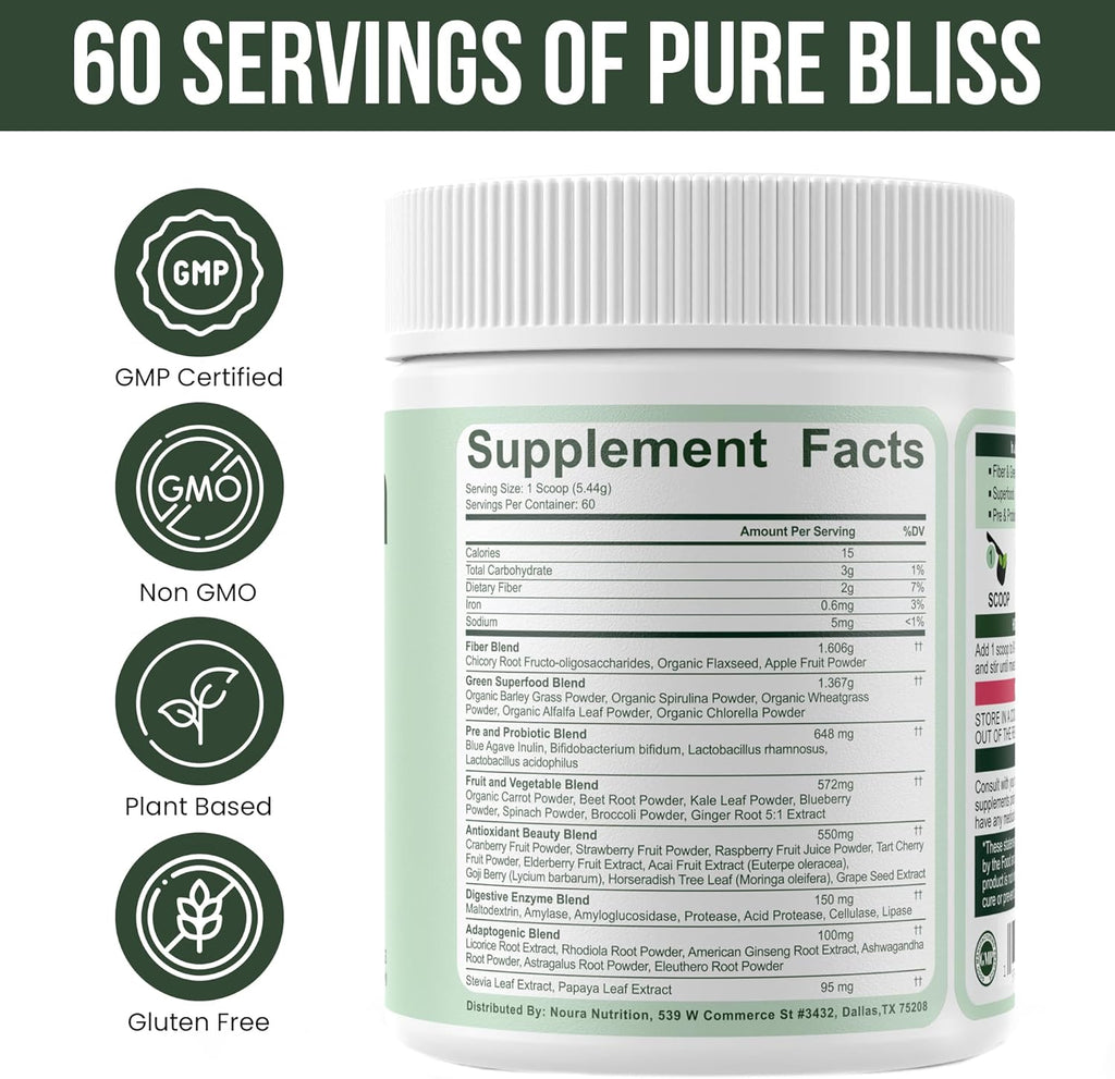 Super Greens Powder, 60 Servings - Immunity, Digestive Enzymes & Probiotics for Energy, Gut Health, Bloating Relief for Women - Greens Superfood Powder - Mixed Berry
