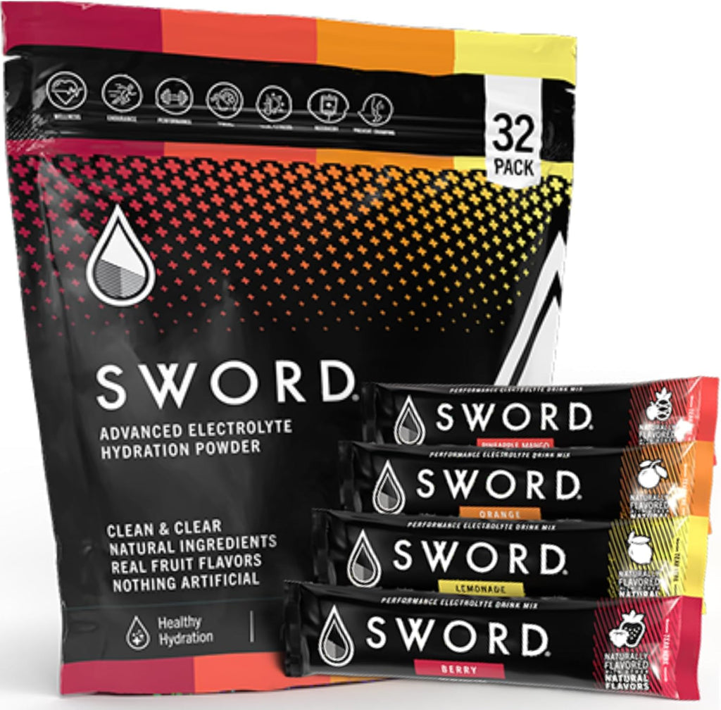 SWORD PERFORMANCE Electrolyte Replenisher, 32 Powder Hydration Stick Packs in Variety of Flavors: Berry, Lemonade, Orange, Pineapple Mango