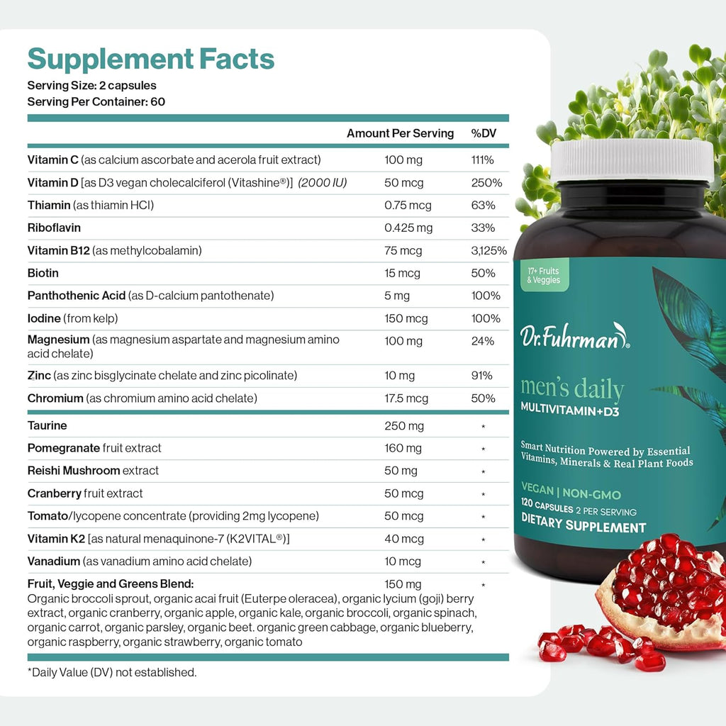 Dr. Fuhrman Multivitamin for Men + D3 Vitamin for Immune Support | Vegan Formula Men’s Multivitamin with B12 & Zinc | Whole Food multivitamin Packed with 17 Fruits & Veggies | Non GMO | 120 Capsule