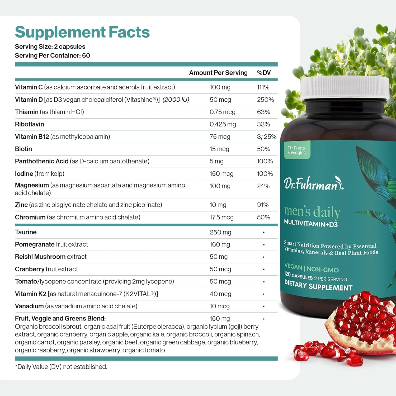 Dr. Fuhrman Multivitamin for Men + D3 Vitamin for Immune Support | Vegan Formula Men’s Multivitamin with B12 & Zinc | Whole Food multivitamin Packed with 17 Fruits & Veggies | Non GMO | 120 Capsule