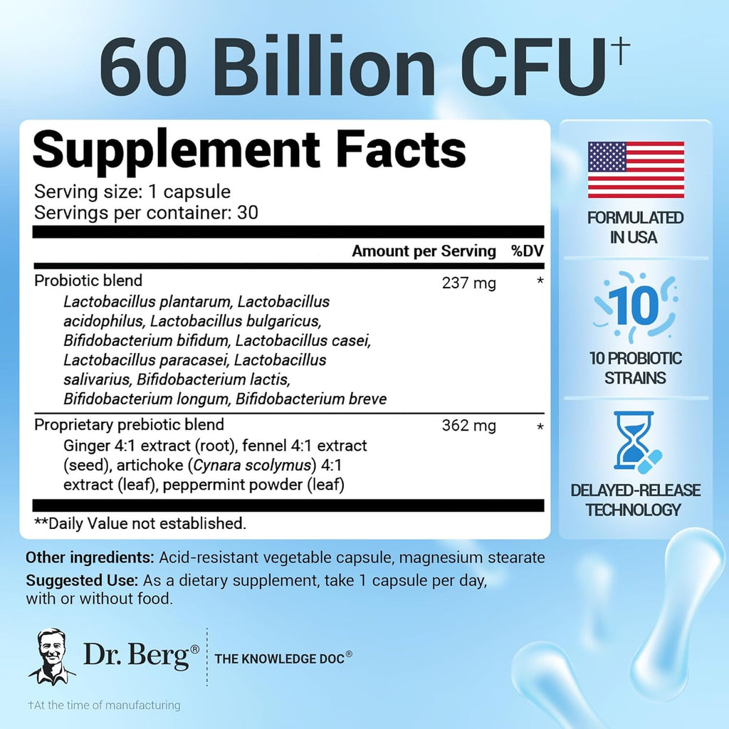 Dr. Berg Probiotic Supplement (60 Billion CFUs) - Helps Ease Occasional Constipation, Diarrhea, Gas & Bloating* - Pre and Probiotics for Digestive Health - 30 Probiotic Capsules