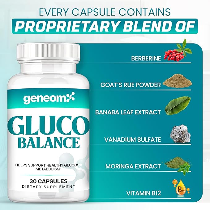 Gluco Balance – Blood Glucose Support Supplements with Berberine HCl, Banaba Leaf, Moringa, B12 & Vanadium – Supports Insulin Sensitivity, Metabolic Function & Energy – 30 Capsules