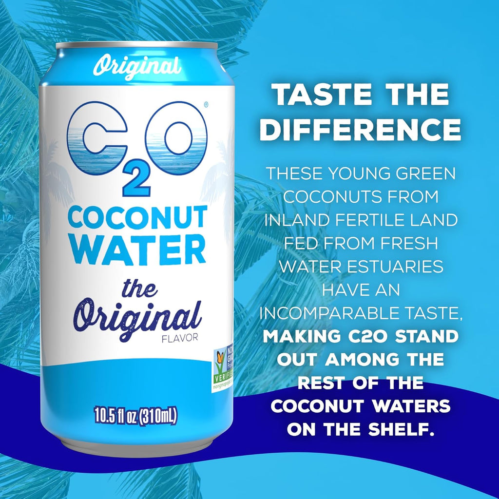 C2O - Coconut Water, The Original Flavor (24 Pack, 3 Boxes of 8) - Made with Fresh Coconut Water - Plant Based, Non GMO Canned Water - Natural Hydration, Electrolytes & Potassium - 24 Cans, 10.5 FL OZ