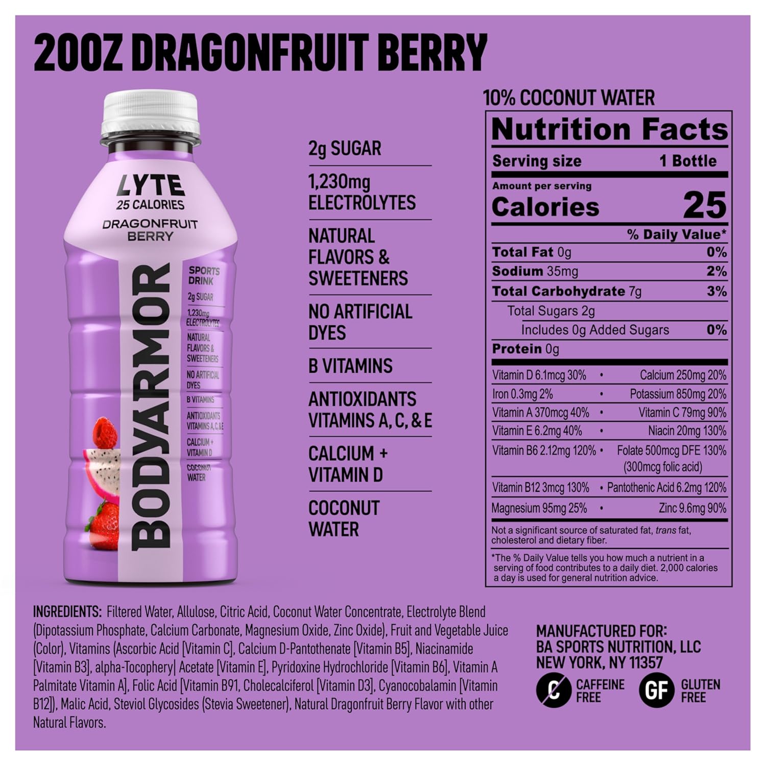 BODYARMOR LYTE Sports Drink Low-Calorie Sports Beverage, Dragonfruit Berry, Natural Flavors With Vitamins, Potassium-Packed Electrolytes, Perfect For Athletes, 20 Fl Oz (Pack of 6)