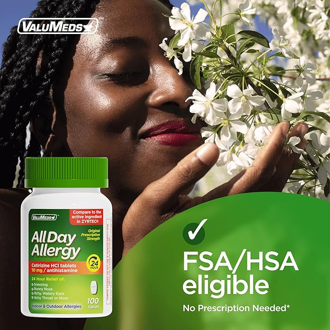 ValuMeds 24-Hour Allergy Medicine Antihistamine for Pollen, Hay Fever, Dry, Itchy Eyes, Allergies | Cetirizine HCl 10mg Caplets, Compare to Leading Brand (100 Count)