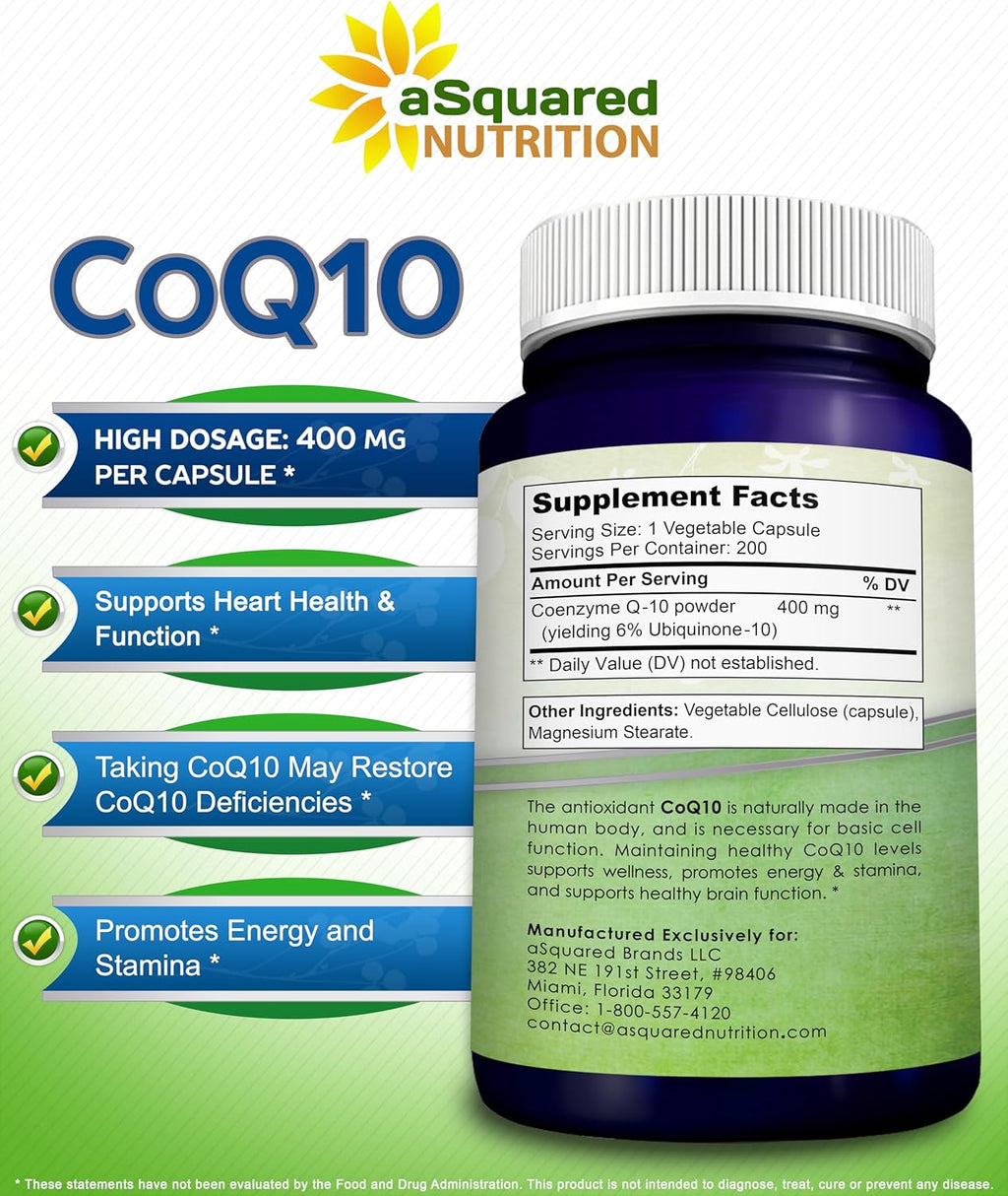 aSquared Nutrition CoQ10 (400mg Max Strength, 200 Capsules) - High Absorption Vegan Coenzyme Q10 Powder - Ubiquinone Supplement Pills, Extra Antioxidant CO Q-10 Enzyme Vitamin Tablets, Coq 10 400 mg