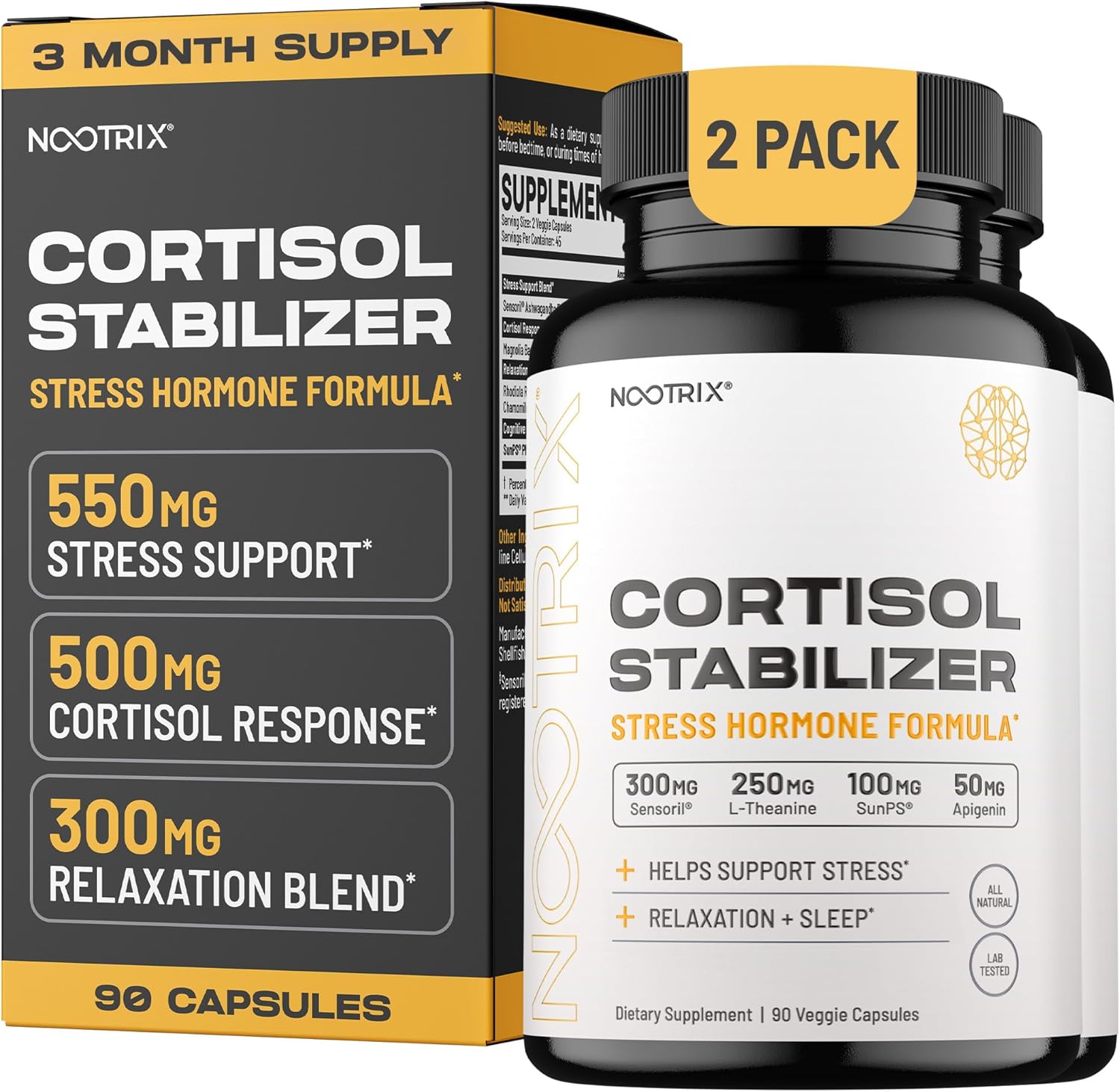 Cortisol Manager & Stabilizer Supplement | Supports Deep Sleep, Relaxation, Adrenal Health & Stress | 300mg Ashwagandha | L-Theanine, Rhodiola Rosea Extract & Apigenin | 180 Capsules