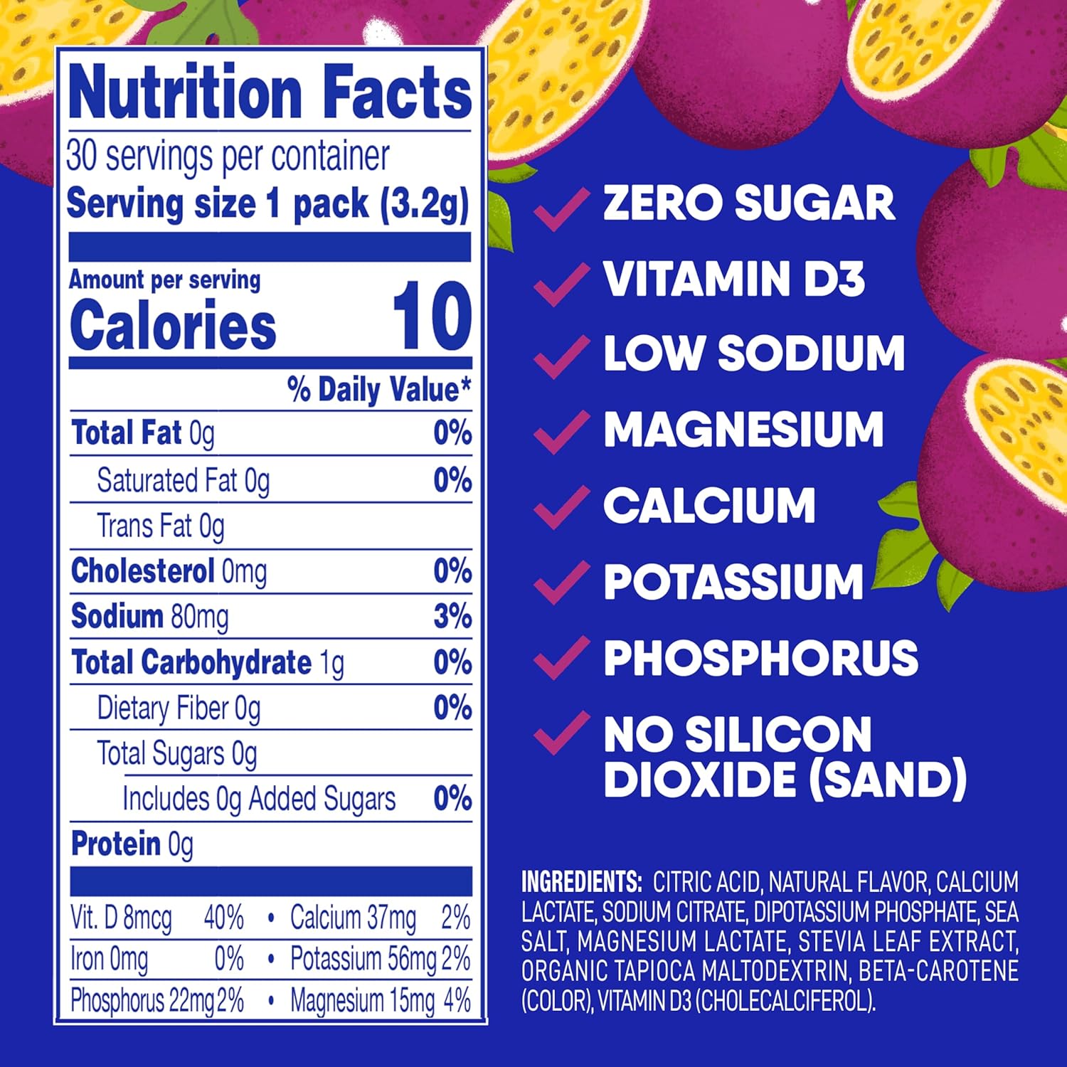 GoHydrate Low Sodium Electrolytes Powder Packets Sugar Free - Instant Hydration Daily Drink Mix - Zero Sugar Water Flavor Packet Singles with Vitamin D - (Passion Fruit, 30 Packs)
