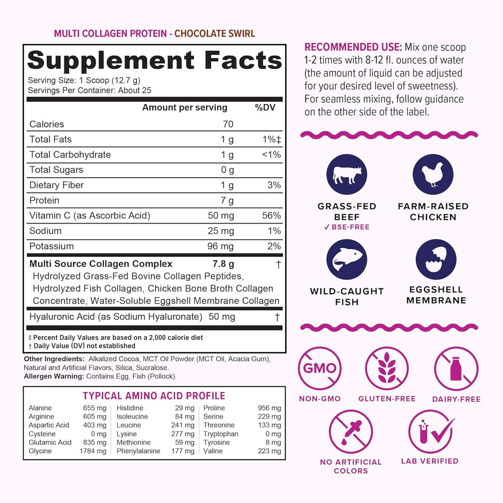 Multi Collagen Peptides Powder for Women - Hydrolyzed Chocolate Collagen Powder for Women with Types I II III V & X Vitamin C & Hyaluronic Acid for Hair Skin and Nails (Chocolate) - 30 Servings