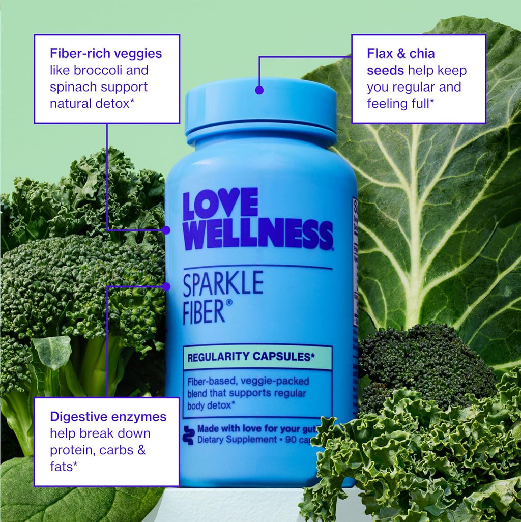 Love Wellness Sparkle Fiber | Fiber Supplement with Digestive Enzymes | Greens Superfood Powder & Psyllium Husk Powder | Promotes Gut Health for Women | Regularity & Bloating Relief | 90 Count