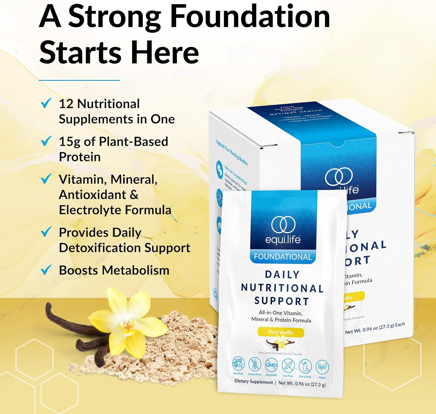 Equilife Daily Nutritional Support, All-in-One Multivitamin Meal Replacement, Pure Vanilla Flavor, 15G Plant Protein, Supports Overall Wellness Including Energy, Digestion, & Skin, 14 Packets