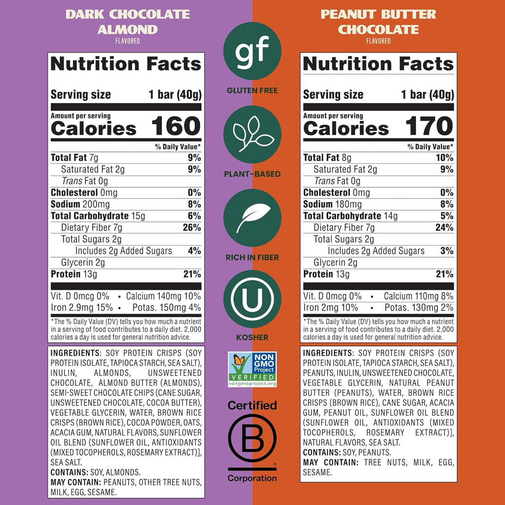 Simply Protein - Crispy Bars Variety Pack, Peanut Butter + Dark Chocolate Almond - Plant Based Protein Bars - 13g Protein, 2g Sugar, 7g Fiber - Vegan, Gluten Free, Non GMO - 16 Bars, 2 Boxes