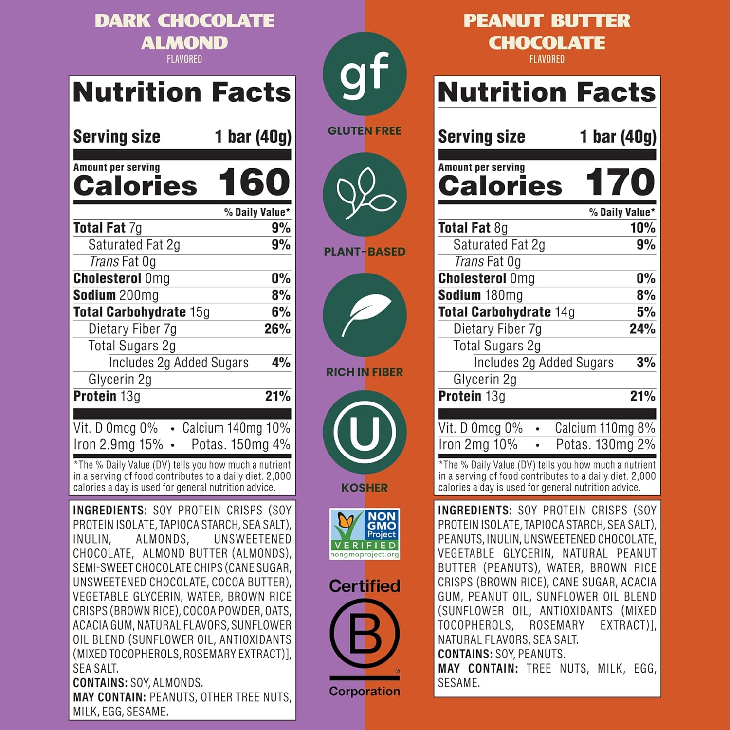 Simply Protein - Crispy Bars Variety Pack, Peanut Butter + Dark Chocolate Almond - Plant Based Protein Bars - 13g Protein, 2g Sugar, 7g Fiber - Vegan, Gluten Free, Non GMO - 16 Bars, 2 Boxes
