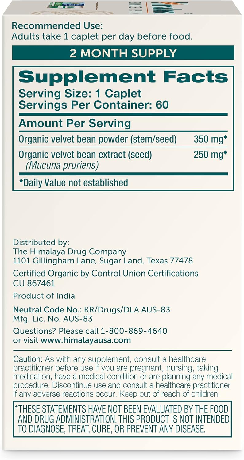 Himalaya Organic Mucuna/Pruriens Herbal Supplement, Supports Relaxation, Tension Relief, Brain Function, Non-GMO, USDA Organic, Vegan, Gluten Free, 600 mg, 60 Plant-Caplets, 60 Day Supply