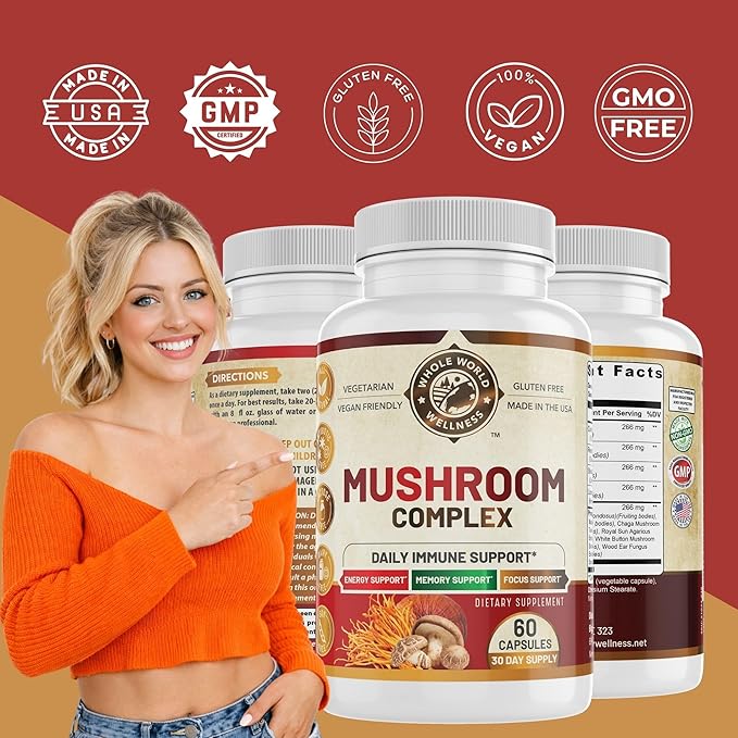 All Natural Mushroom Complex 10 in 1 | Daily Immune & Energy Support | Lions Mane, Chaga, Resihi | Gluten Free, Dairy Free, Soy Free | 60 Capsules | Made in The USA.