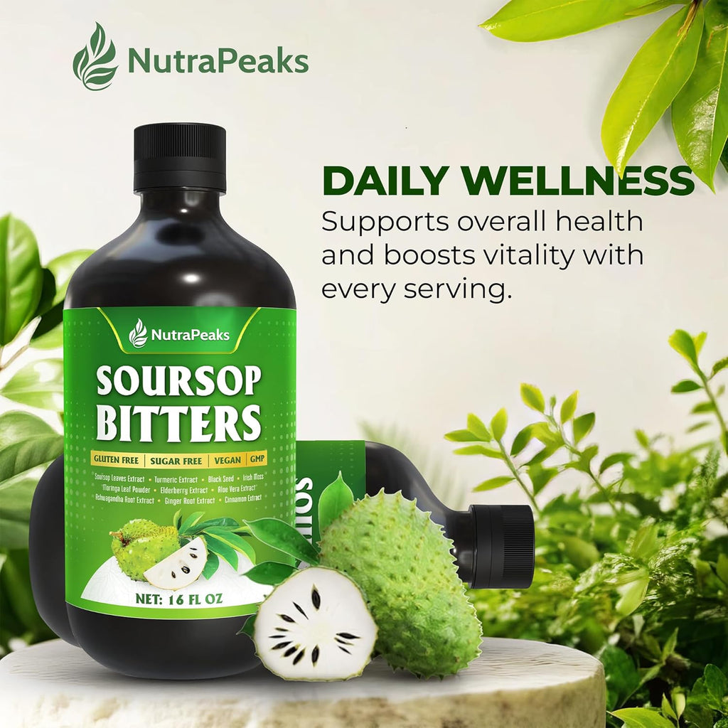 Soursop Bitters Liquid – Herbal Detox Formula with Soursop, Turmeric, Moringa & Black Seed by NutraPeaks – Supports Immune Health & Digestive Balance – 16 fl oz
