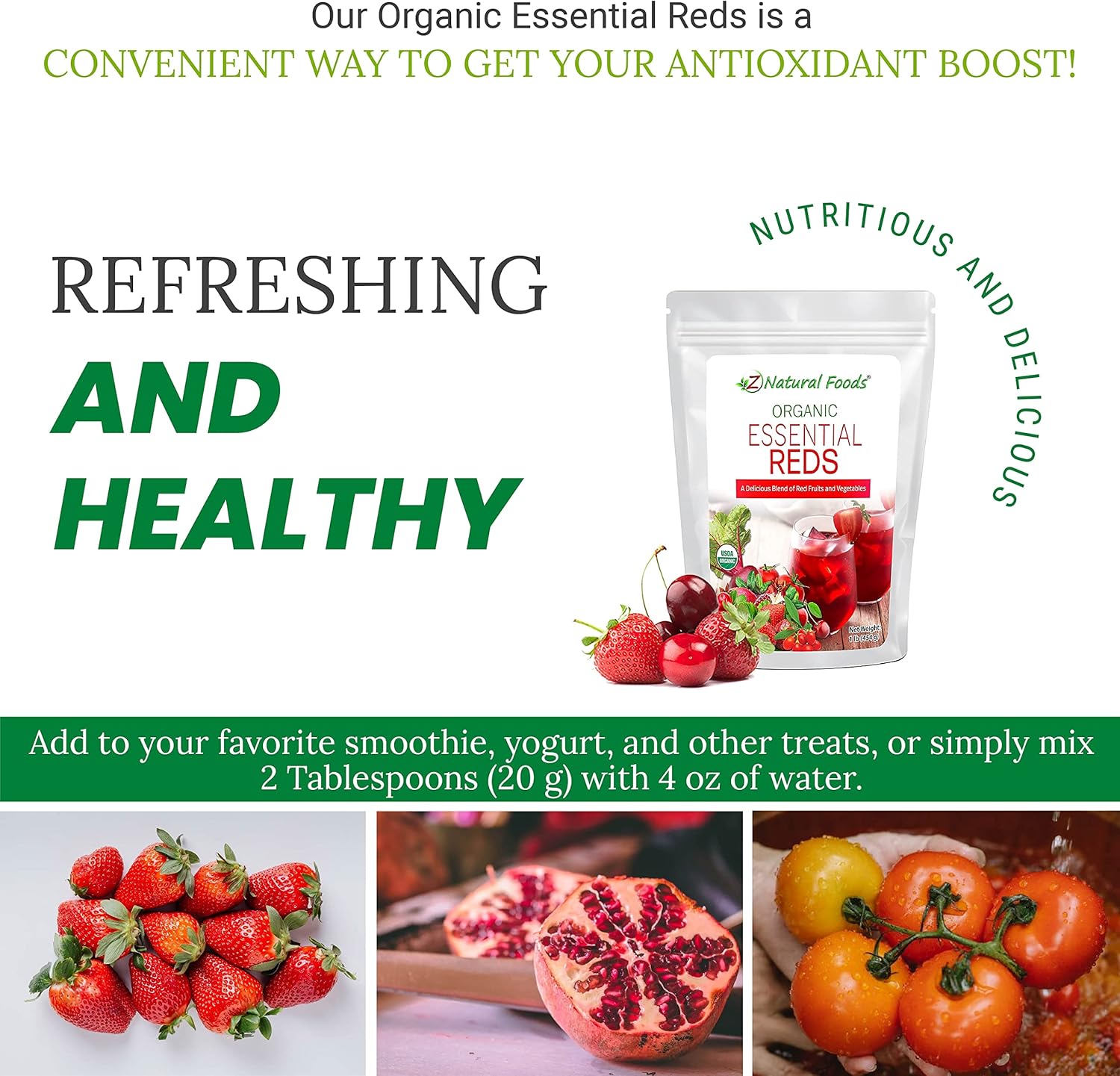 Z Natural Foods Organic Essential Reds, Organic Juice Powder, Super Blend of 10 Red Fruits and Vegetables, Superfood Smoothie Powder, Non-GMO, Vegan, 1 lb