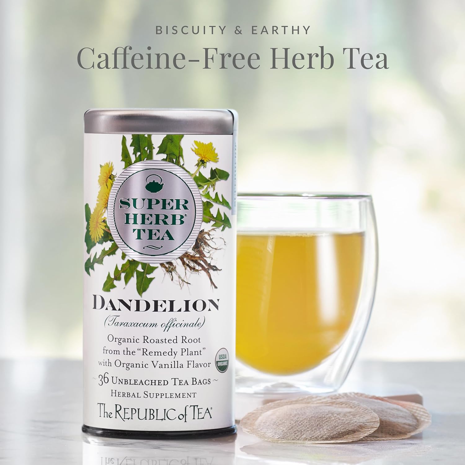 The Republic of Tea — Organic Dandelion SuperHerb Tea Tin, 36 Herbal Tea Bags, Naturally Caffeine-Free