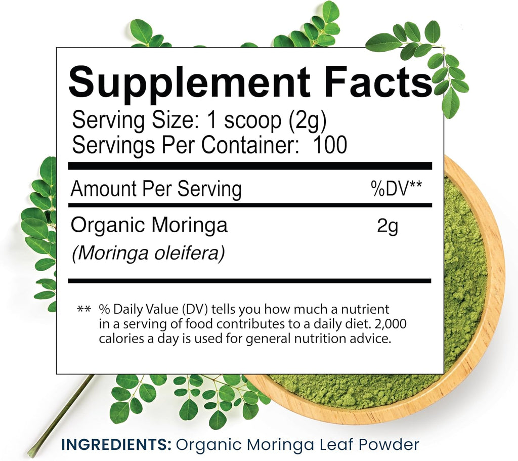 Organic Moringa Powder, Single Estate, Freshly Ground Colombian Moringa, USDA Organic, Non-GMO, Gluten Free in a Resealable Pouch for Smoothies, Lattes, Cooking, 7 oz (200 g), 100 Servings